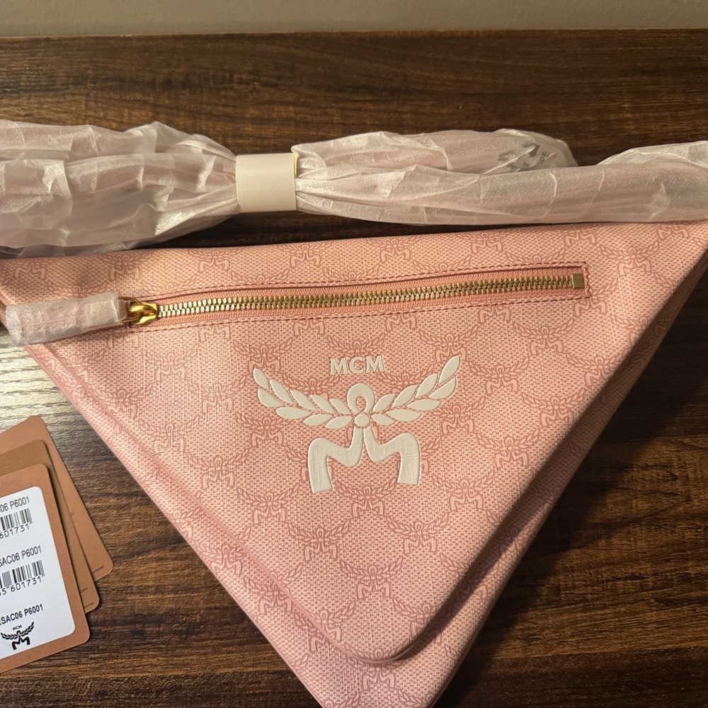 Authentic MCM Pink Triangle Clutch with Gold Accents